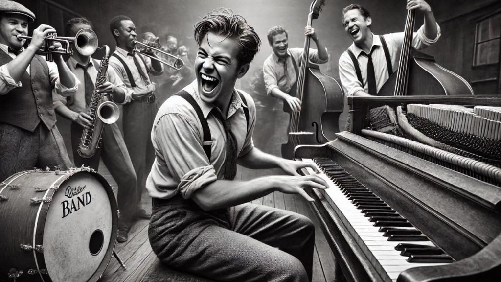 learn to play piano guffawing piano player in old time jazz club jamming away feverishly