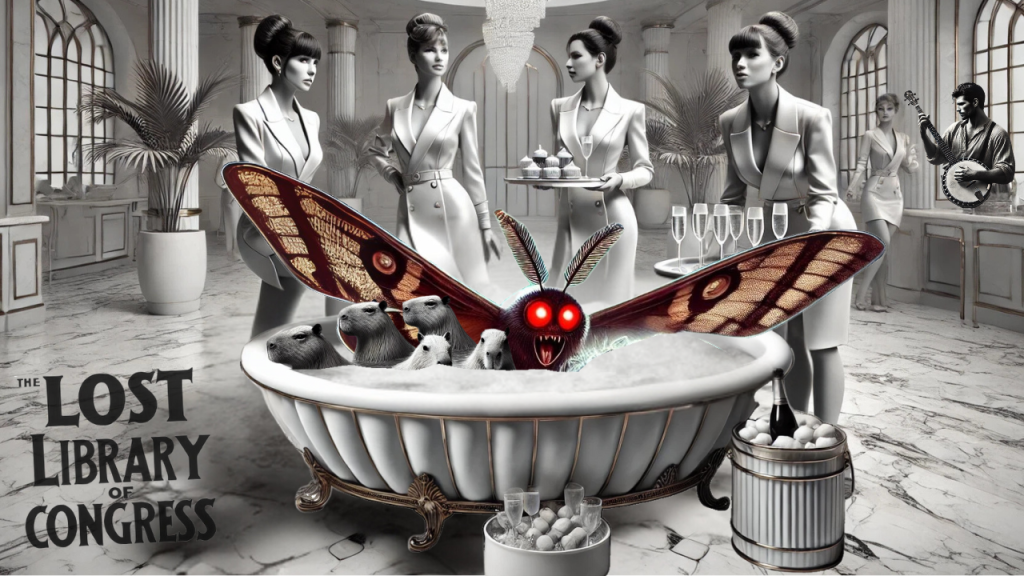Mothman of Mason County enjoys a vitalizing champagne bath at the Champagne Bathhouse