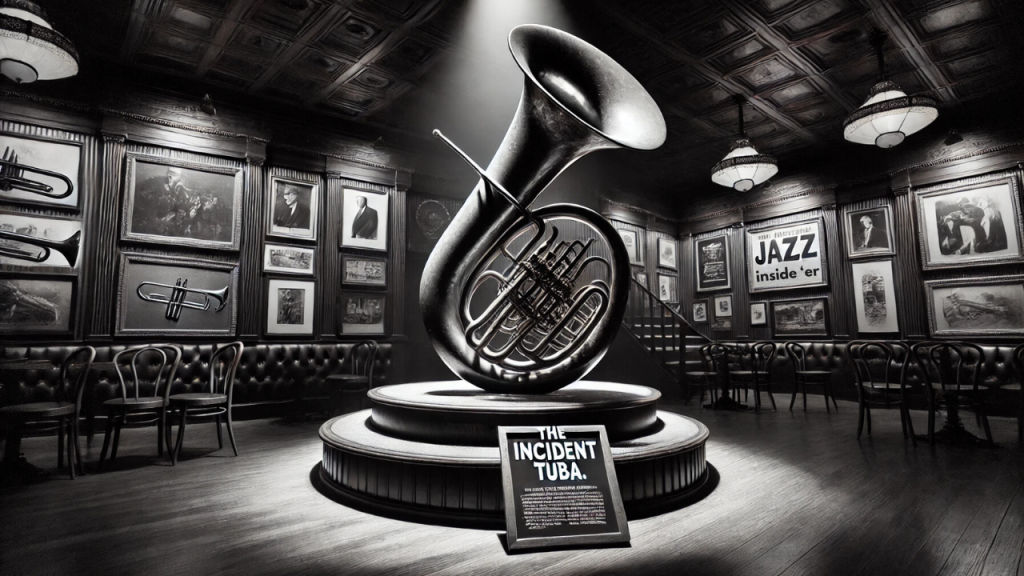 The Incident Tuba, enshrined at the famous Greasy Skillet Jazz Club under the purview of the Butthole County Historical Society